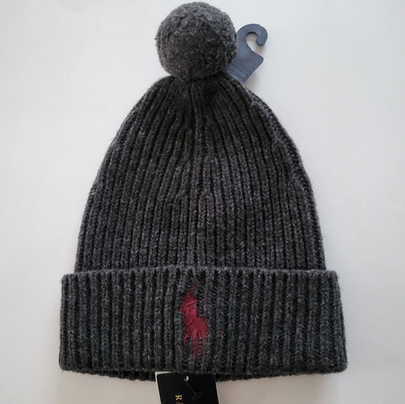 Polo Ralph Lauren Wool ski hat Pom Pom beanie BIG pony logo Dark Gray - Picture 1 of 3
